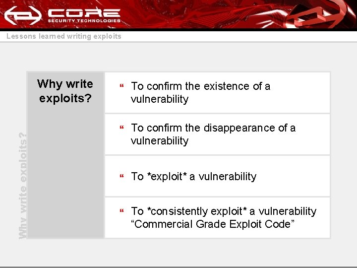 Lessons learned writing exploits Why write exploits? } To confirm the existence of a