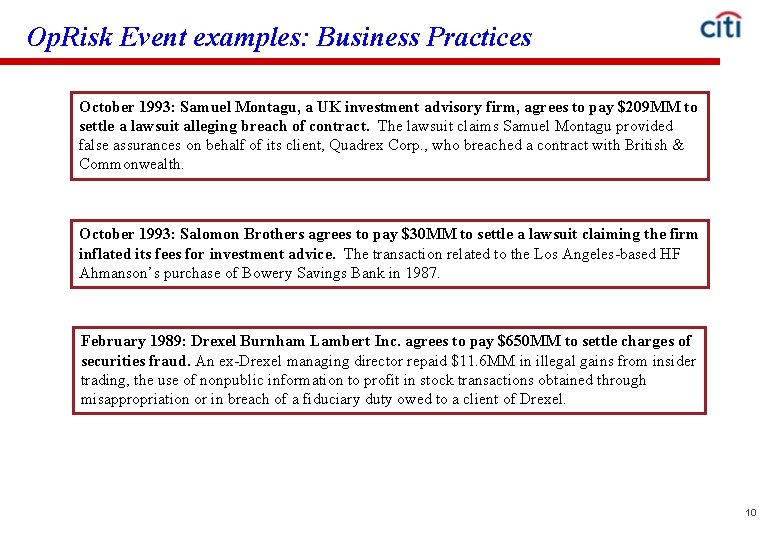 Op. Risk Event examples: Business Practices October 1993: Samuel Montagu, a UK investment advisory Op. Risk Event examples: Business Practices October 1993: Samuel Montagu, a UK investment advisory