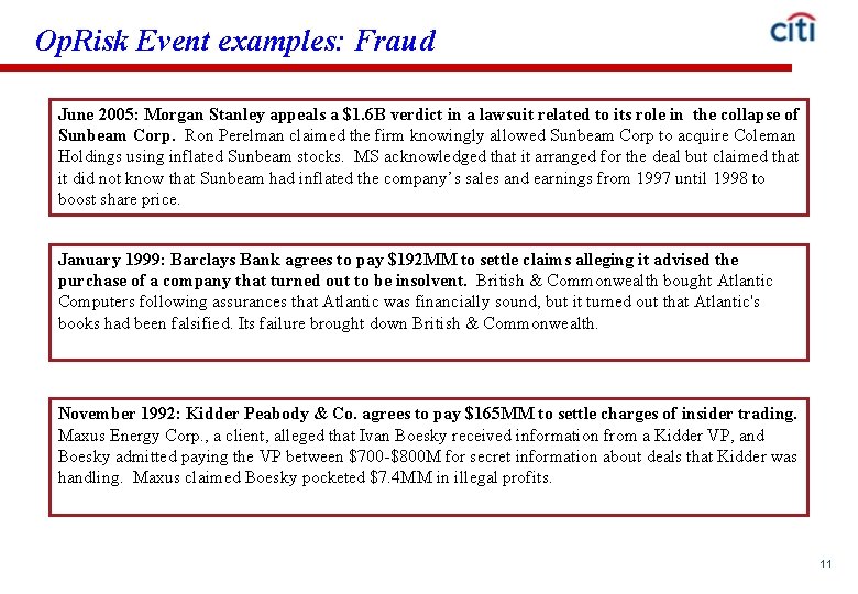 Op. Risk Event examples: Fraud June 2005: Morgan Stanley appeals a $1. 6 B