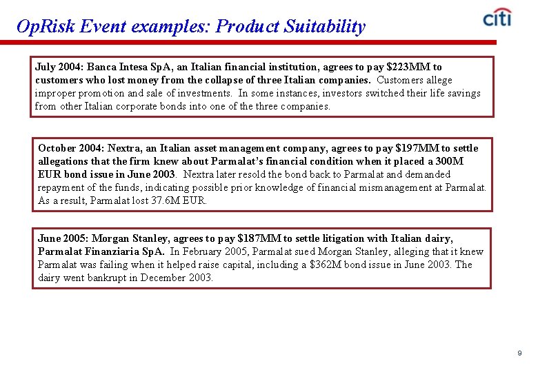 Op. Risk Event examples: Product Suitability July 2004: Banca Intesa Sp. A, an Italian