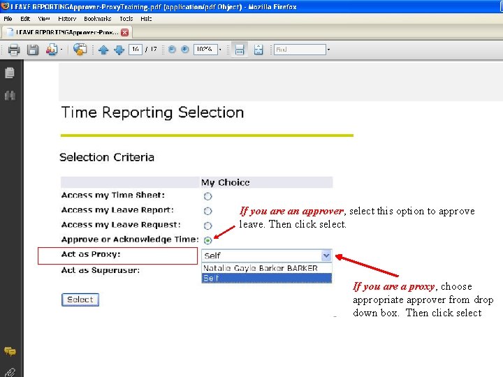 If you are an approver, select this option to approve leave. Then click select.