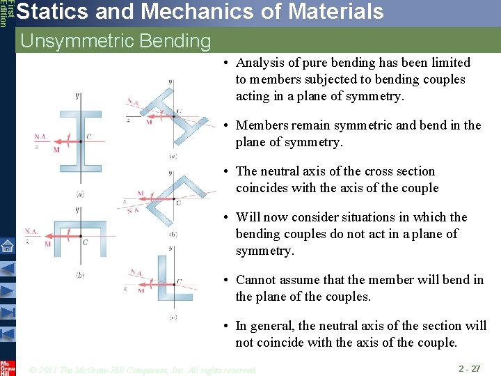 First Edition Statics and Mechanics of Materials Unsymmetric Bending • Analysis of pure bending