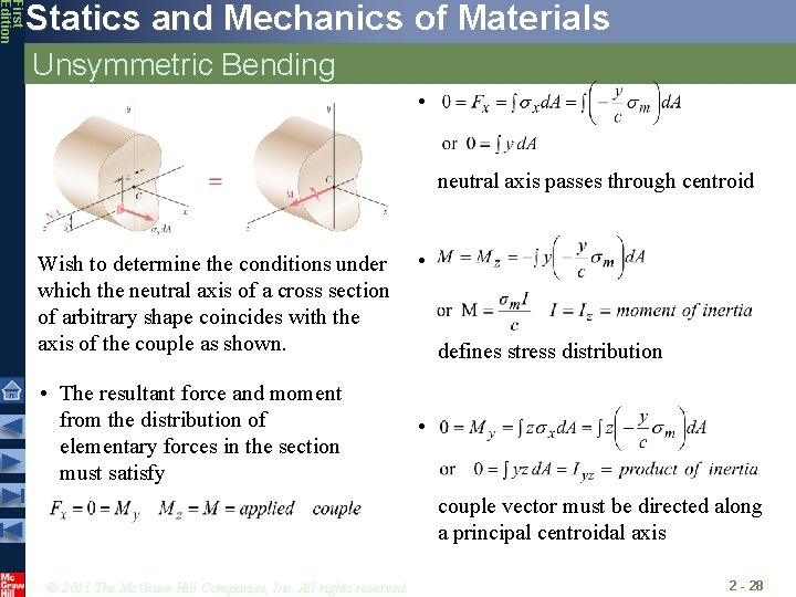 First Edition Statics and Mechanics of Materials Unsymmetric Bending • neutral axis passes through