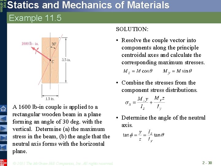 First Edition Statics and Mechanics of Materials Example 11. 5 SOLUTION: • Resolve the