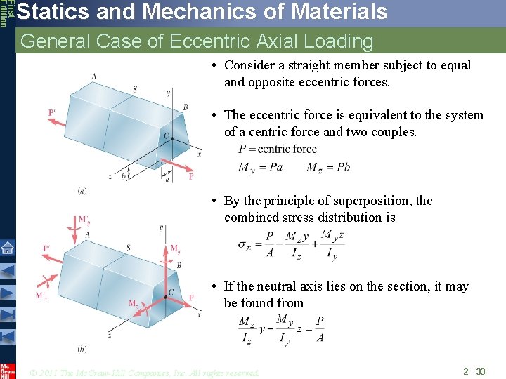 First Edition Statics and Mechanics of Materials General Case of Eccentric Axial Loading •