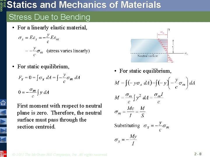 First Edition Statics and Mechanics of Materials Stress Due to Bending • For a