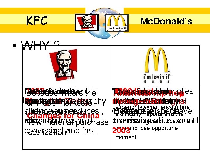 KFC Mc. Donald’s • WHY？ Taste and Management The 1987, improvement headquarters firstmeal store