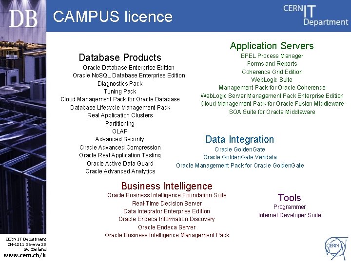 CAMPUS licence Application Servers Database Products BPEL Process Manager Forms and Reports Coherence Grid