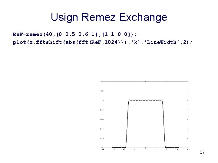 Usign Remez Exchange Re. F=remez(40, [0 0. 5 0. 6 1], [1 1 0