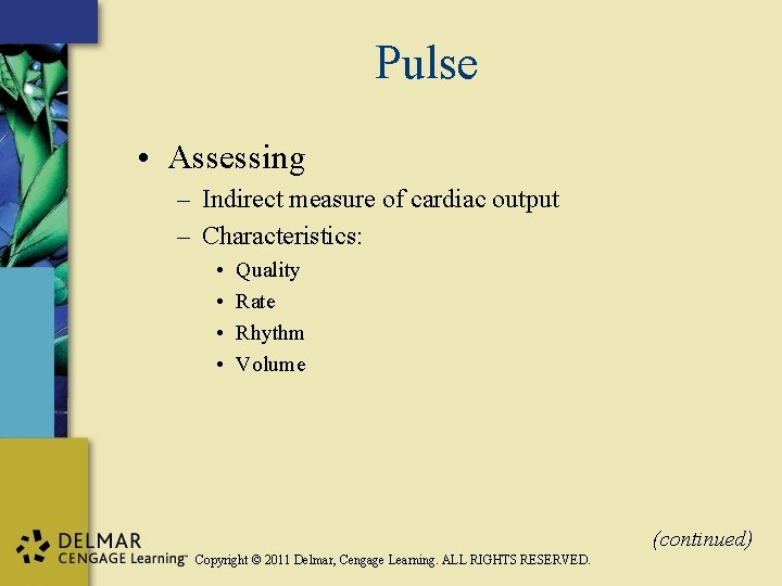 Pulse • Assessing – Indirect measure of cardiac output – Characteristics: • • Quality