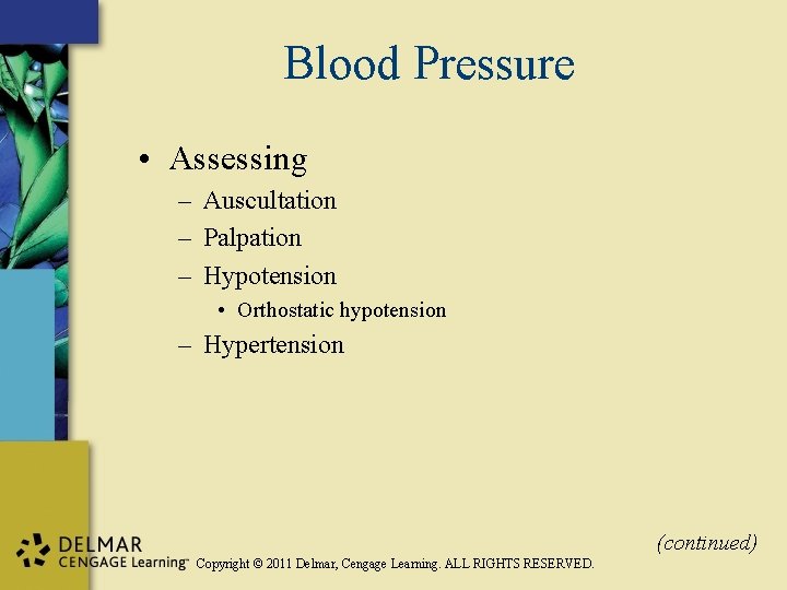 Blood Pressure • Assessing – Auscultation – Palpation – Hypotension • Orthostatic hypotension –