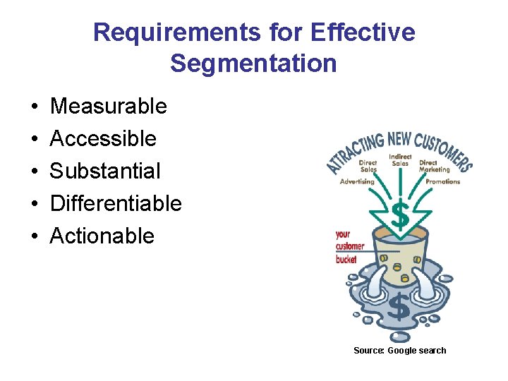 Requirements for Effective Segmentation • • • Measurable Accessible Substantial Differentiable Actionable Source: Google