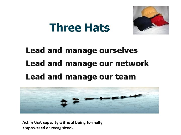 Three Hats Lead and manage ourselves Lead and manage our network Lead and manage