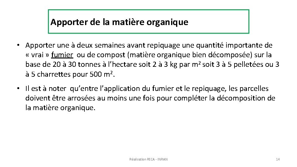 Apporter de la matière organique • Apporter une à deux semaines avant repiquage une