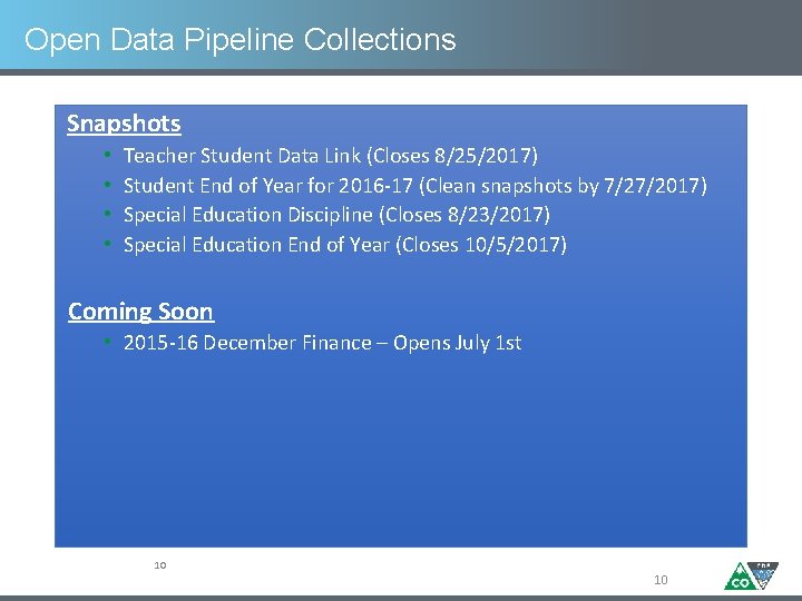 Open Data Pipeline Collections Snapshots • • Teacher Student Data Link (Closes 8/25/2017) Student