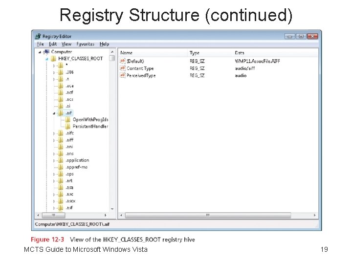 Registry Structure (continued) MCTS Guide to Microsoft Windows Vista 19 