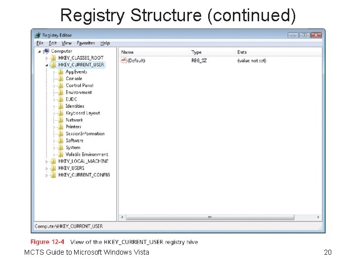 Registry Structure (continued) MCTS Guide to Microsoft Windows Vista 20 