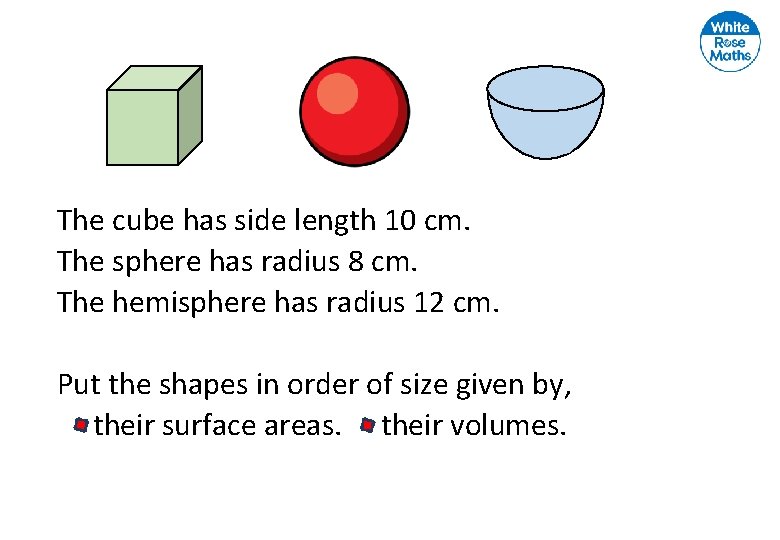 The cube has side length 10 cm. The sphere has radius 8 cm. The The cube has side length 10 cm. The sphere has radius 8 cm. The