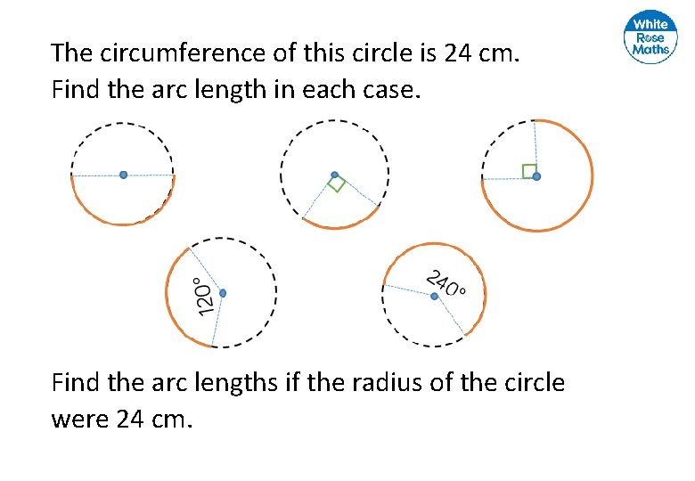 The circumference of this circle is 24 cm. Find the arc length in each The circumference of this circle is 24 cm. Find the arc length in each