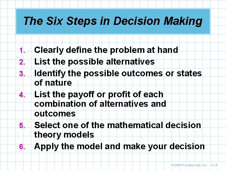 The Six Steps in Decision Making 1. 2. 3. 4. 5. 6. Clearly define