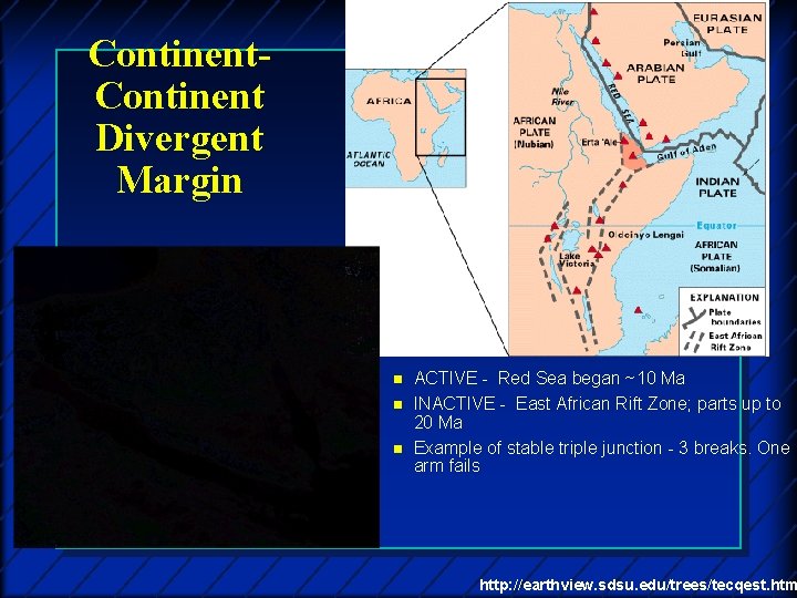 Continent Divergent Margin n ACTIVE - Red Sea began ~10 Ma INACTIVE - East