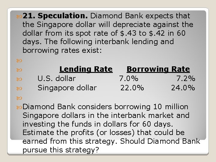  21. Speculation. Diamond Bank expects that the Singapore dollar will depreciate against the