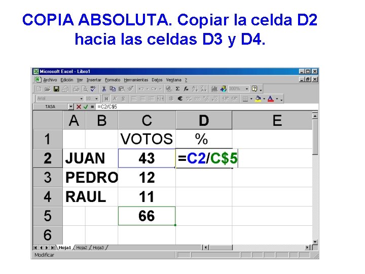 COPIA ABSOLUTA. Copiar la celda D 2 hacia las celdas D 3 y D