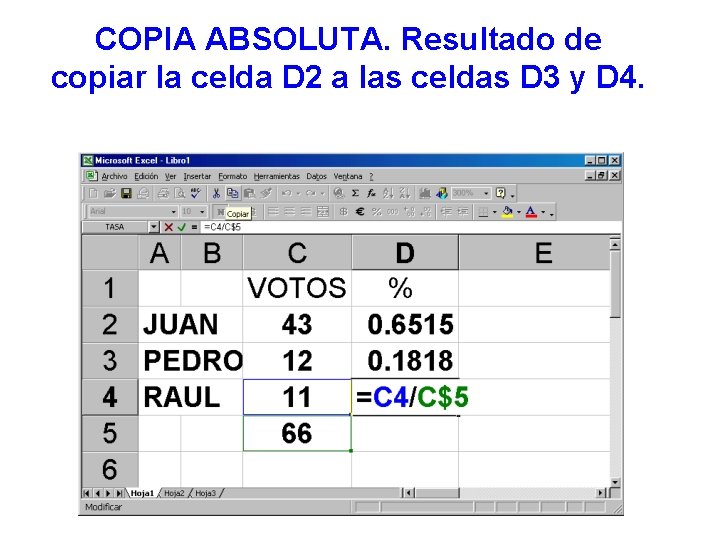 COPIA ABSOLUTA. Resultado de copiar la celda D 2 a las celdas D 3