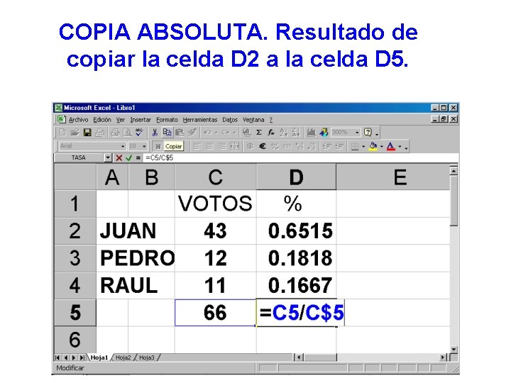 COPIA ABSOLUTA. Resultado de copiar la celda D 2 a la celda D 5.