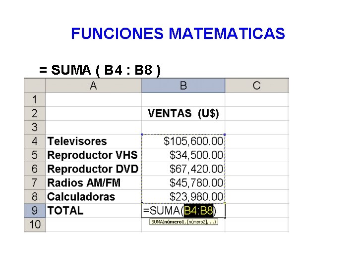 FUNCIONES MATEMATICAS = SUMA ( B 4 : B 8 ) 