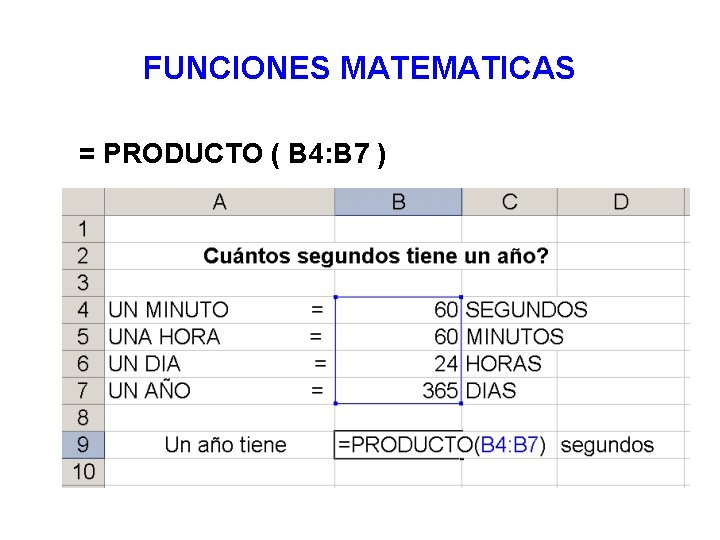 FUNCIONES MATEMATICAS = PRODUCTO ( B 4: B 7 ) 