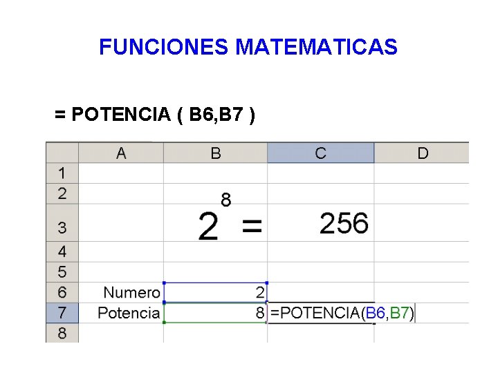 FUNCIONES MATEMATICAS = POTENCIA ( B 6, B 7 ) 