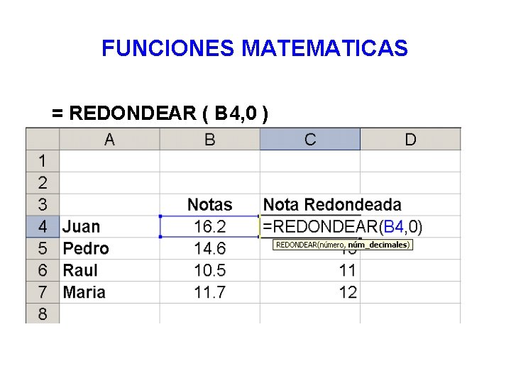 FUNCIONES MATEMATICAS = REDONDEAR ( B 4, 0 ) 