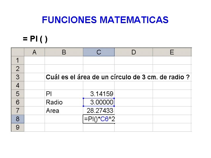 FUNCIONES MATEMATICAS = PI ( ) 