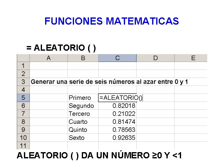 FUNCIONES MATEMATICAS = ALEATORIO ( ) DA UN NÚMERO ≥ 0 Y <1 