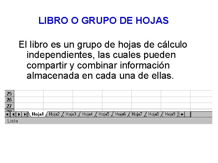 LIBRO O GRUPO DE HOJAS El libro es un grupo de hojas de cálculo