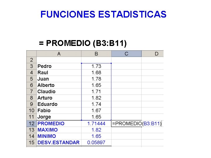 FUNCIONES ESTADISTICAS = PROMEDIO (B 3: B 11) 