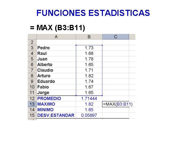 FUNCIONES ESTADISTICAS = MAX (B 3: B 11) 