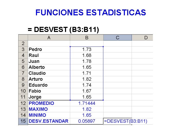 FUNCIONES ESTADISTICAS = DESVEST (B 3: B 11) 