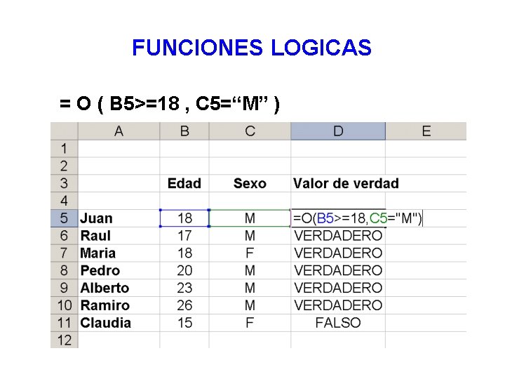 FUNCIONES LOGICAS = O ( B 5>=18 , C 5=“M” ) 