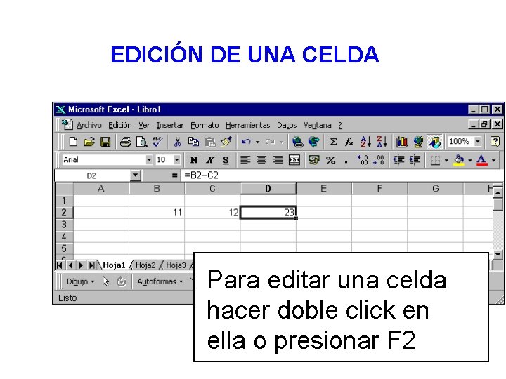 EDICIÓN DE UNA CELDA Para editar una celda hacer doble click en ella o