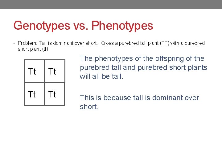 Genotypes vs. Phenotypes • Problem: Tall is dominant over short. Cross a purebred tall