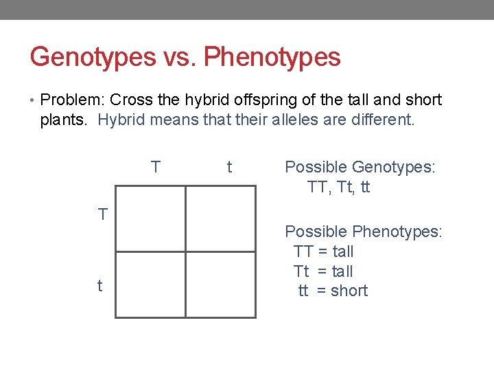 Genotypes vs. Phenotypes • Problem: Cross the hybrid offspring of the tall and short
