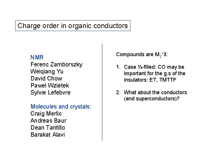 Charge order in organic conductors NMR Ferenc Zamborszky Weiqiang Yu David Chow Pawel Wzietek