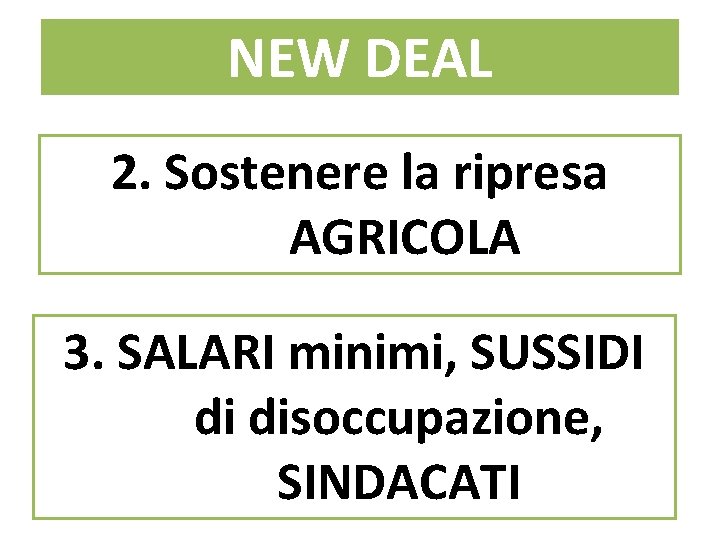 NEW DEAL 2. Sostenere la ripresa AGRICOLA 3. SALARI minimi, SUSSIDI di disoccupazione, SINDACATI