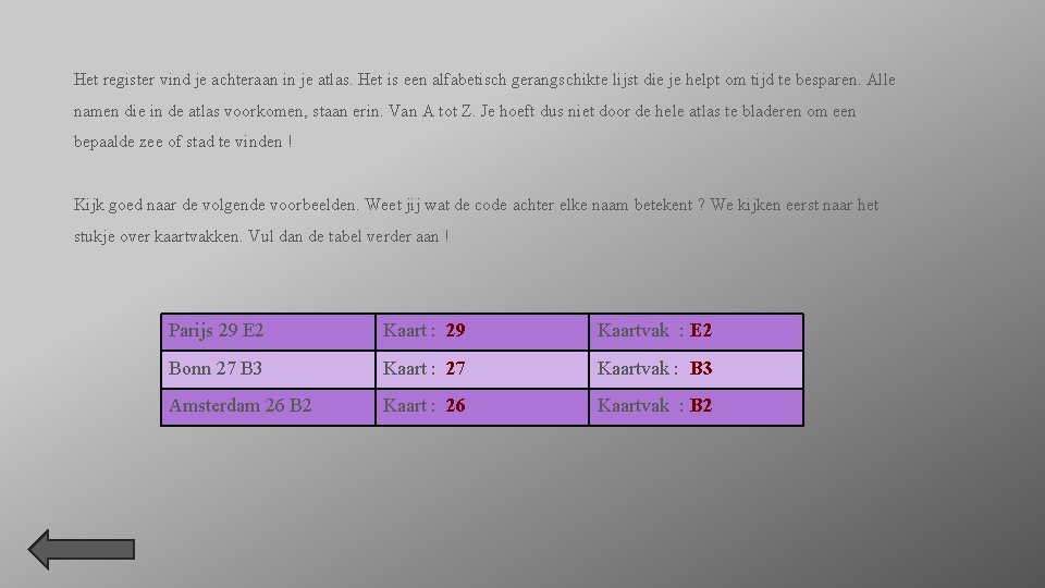 Het register vind je achteraan in je atlas. Het is een alfabetisch gerangschikte lijst