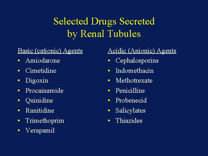 Selected Drugs Secreted by Renal Tubules Basic (cationic) Agents • Amiodarone • Cimetidine •