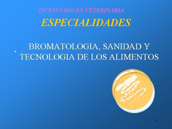 LICENCIADO EN VETERINARIA ESPECIALIDADES • BROMATOLOGIA, SANIDAD Y. TECNOLOGIA DE LOS ALIMENTOS 6 