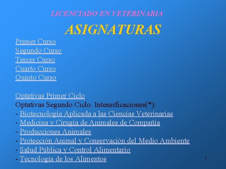 LICENCIADO EN VETERINARIA Primer Curso • Segundo Curso Tercer Curso Cuarto Curso Quinto Curso LICENCIADO EN VETERINARIA Primer Curso • Segundo Curso Tercer Curso Cuarto Curso Quinto Curso