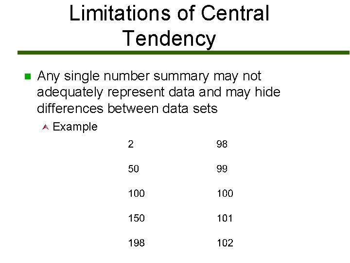 Limitations of Central Tendency n Any single number summary may not adequately represent data